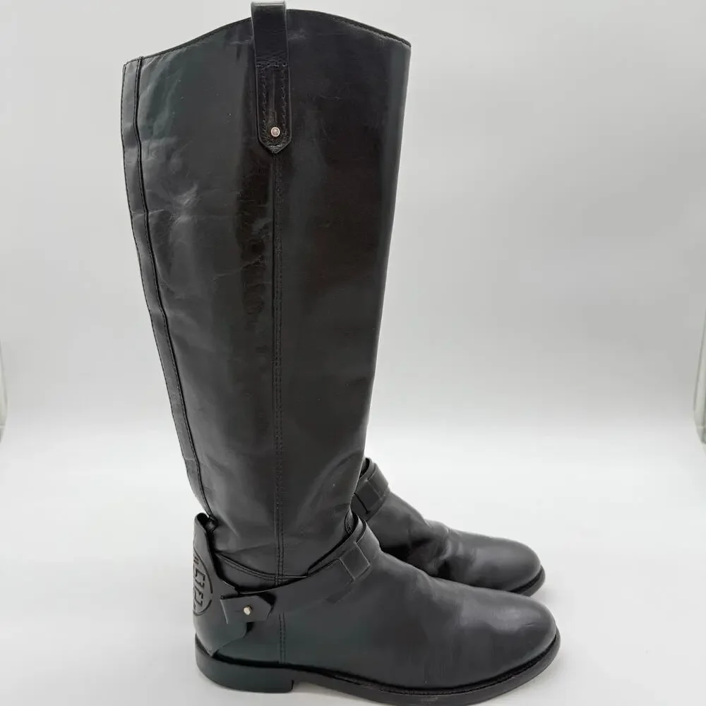 Tory Burch Colton Leather Equestrian Riding Knee High Zip Up Boots Black Size 8